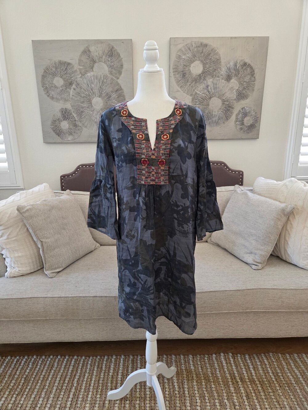🦋JOHNNY WAS 🦋 Botanical Flare Sleeve Tunic Embroidered Dress - [Small] - Picture 3 of 11